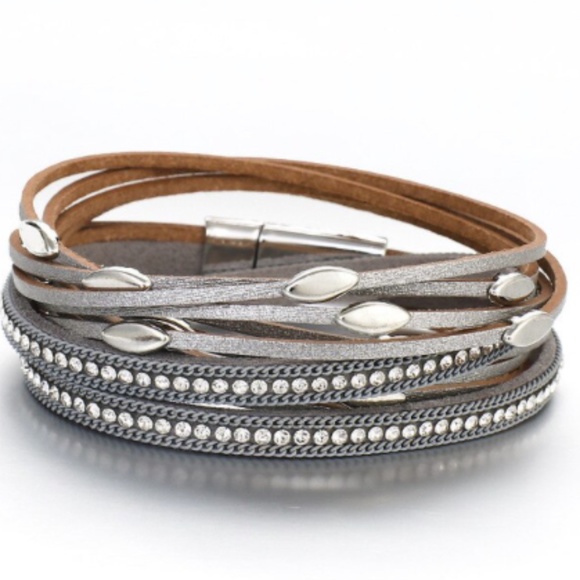 Silver Leather Wrap Bangle Magnet Bracelet - Picture 2 of 6